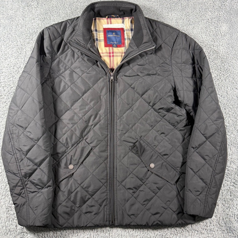 Brooks Brothers Quilted Jacket Mens M Black Santander Logo Diamond Quilt Zip Up
